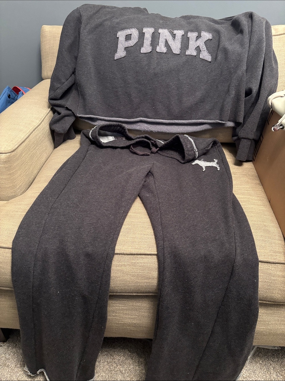 Victorias Secret Campus Terry Set Flare Pants and Crew Sweatshirt Heather Grey